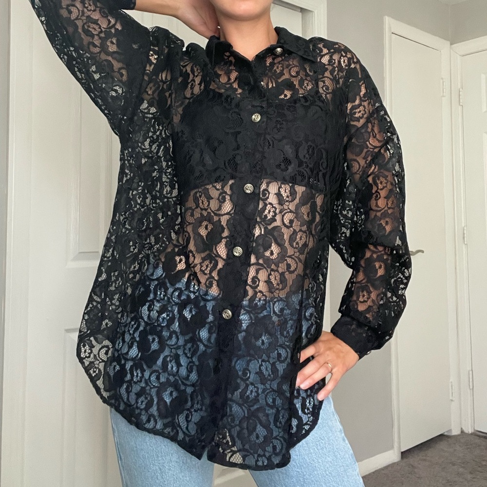 Vintage Fritz and Floyd• Black Lace Sheer Button Down Shirt/ Blouse - Picture 1 of 11